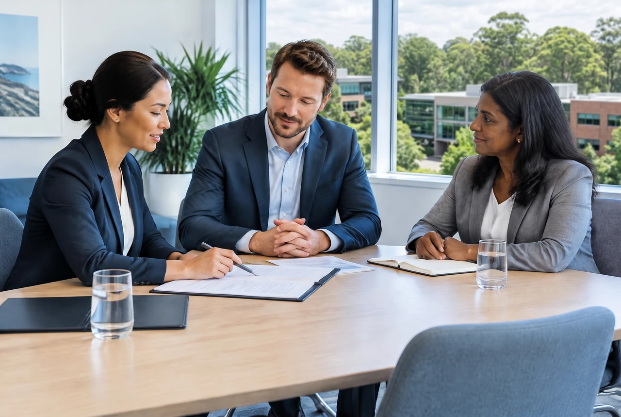 Advisers discussing documents in a bright meeting room
